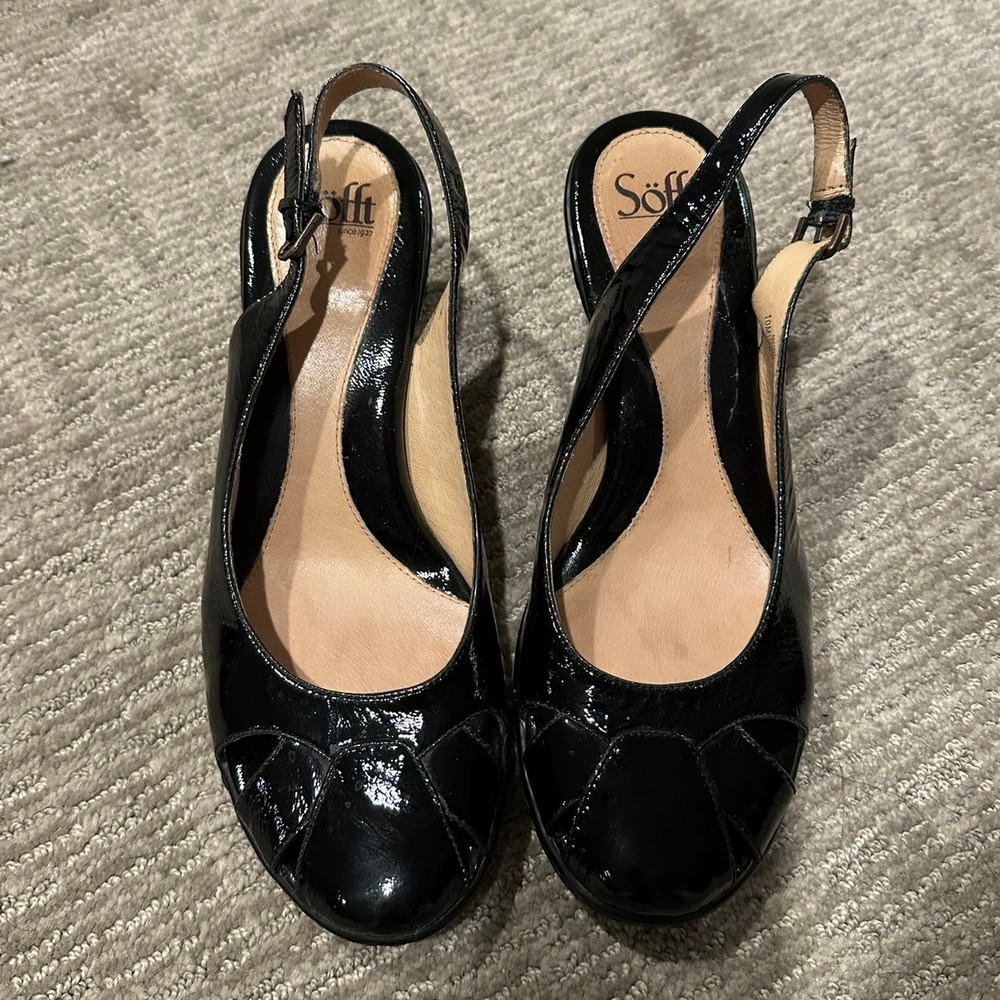 Sofft Black Patent Leather Slingback Heels Round Toe Kitten Pump 10M 1021311